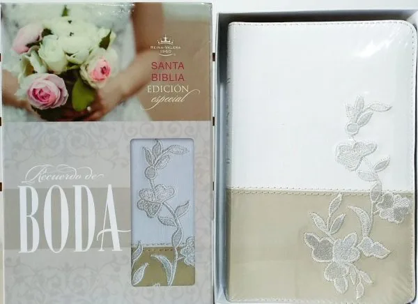 Biblia Recuerdo de Boda, blanco/lino/encaje símil piel RVR60 - Imagen 2