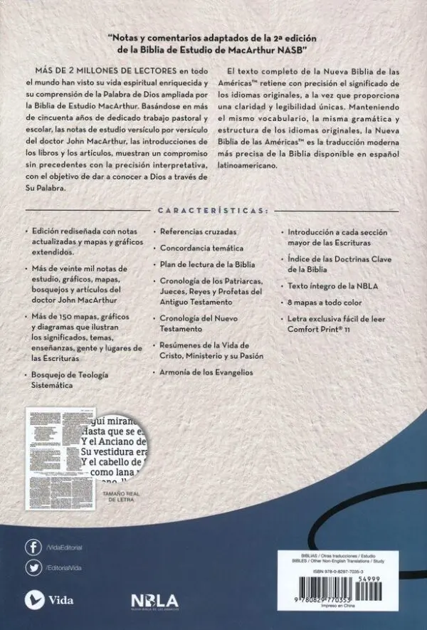 NBLA Biblia Estudio MacArthur Azul, tapa Dura, interior a dos tonos. 