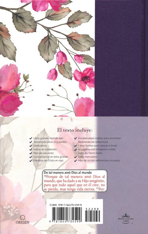 Biblia RVR 1960 letra grande Tapa dura y tela azul púrpura con flores tamaño manual