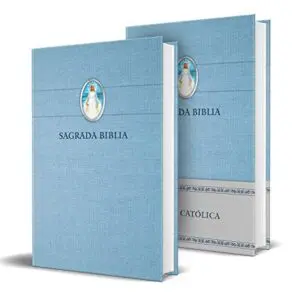 Biblia compacta azul con virgen en la portada