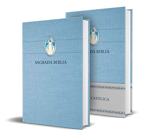 Biblia compacta azul con virgen en la portada