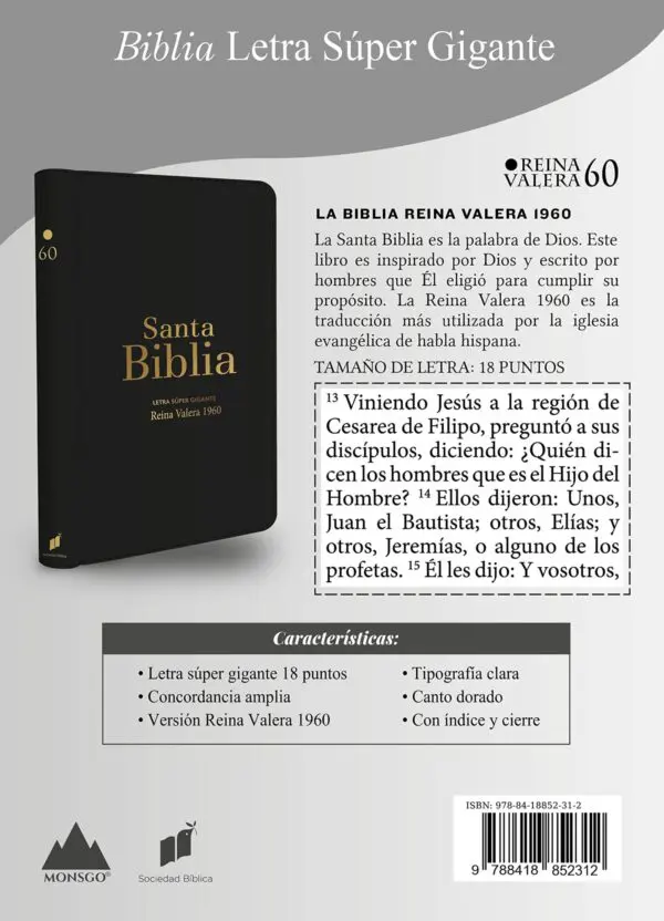 Biblia RVR60 Letra Súper Gigante - Negro Con Índice/Cierre - Imagen 2