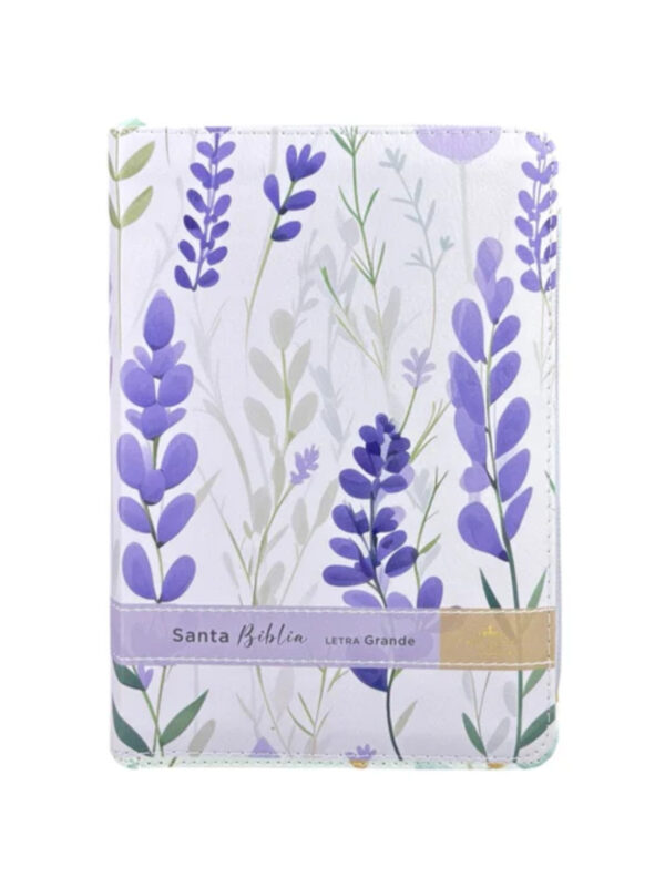 Biblia RVR1960 Sentí Piel Flores Lila con Cierre Canto Pintado