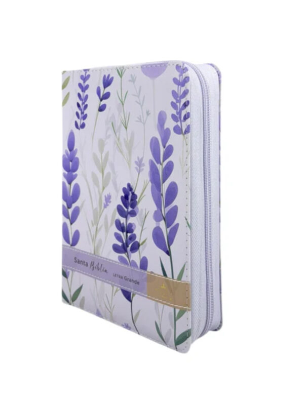 Biblia RVR1960 Sentí Piel Flores Lila con Cierre Canto Pintado - Imagen 2