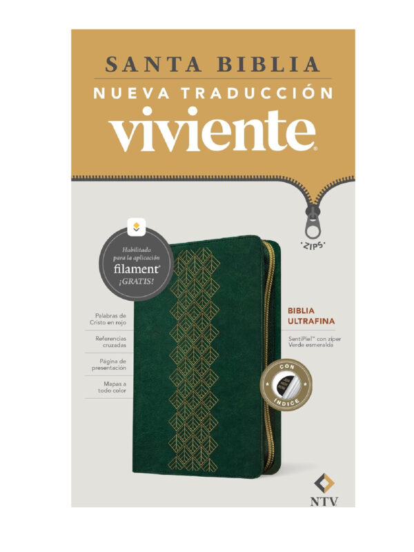 Biblia NTV Ultrafina Verde Esmeralda con Cierre/Índice Filament