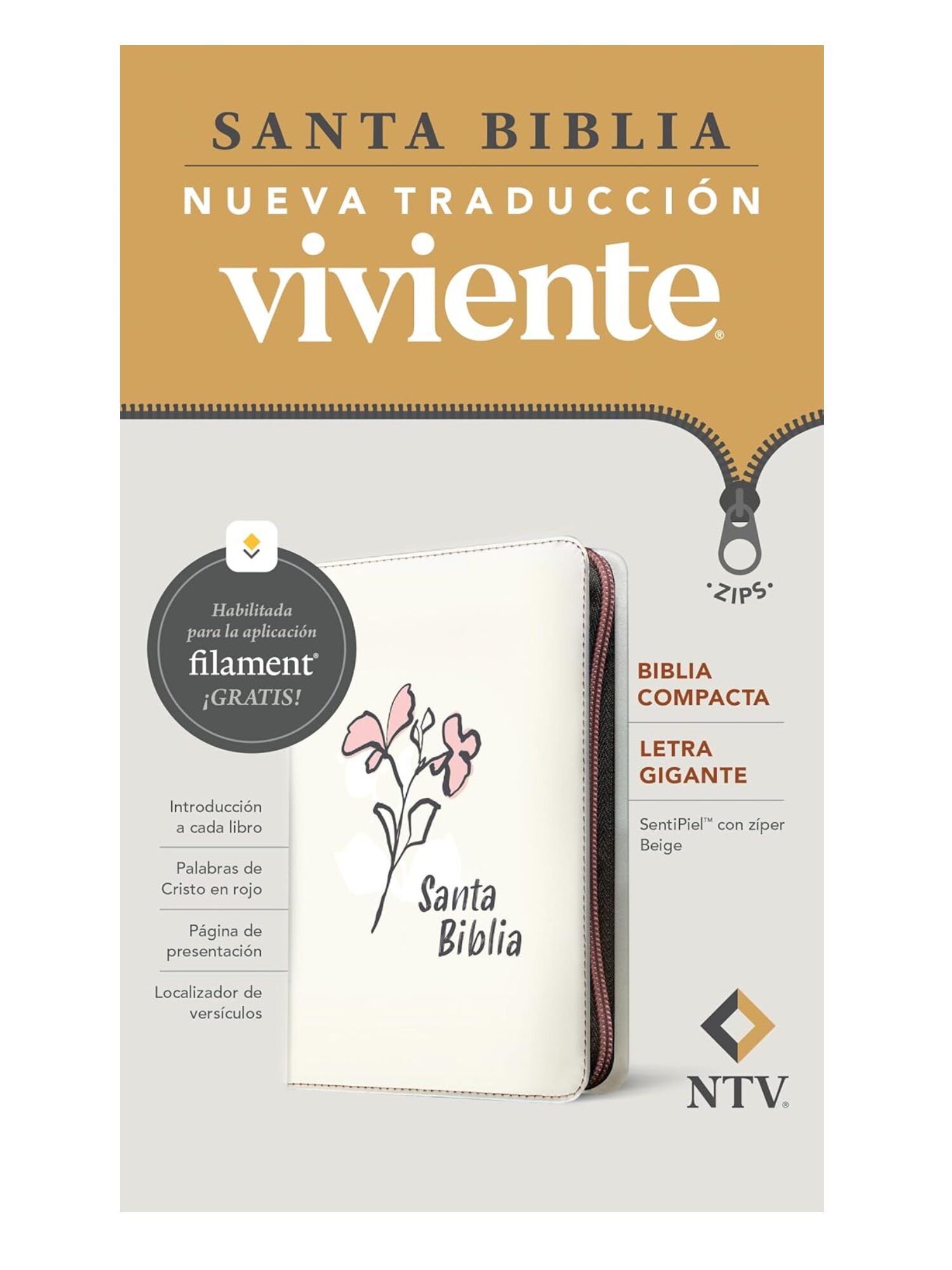 Biblia NTV Sentí Piel, Beige, Con Cierre - Imagen 5