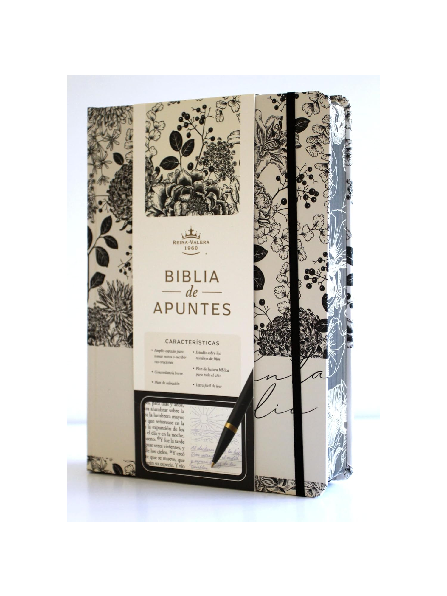 Biblia RVR 1960 de Apuntes Tapa Dura Blanco y Negro con Flores